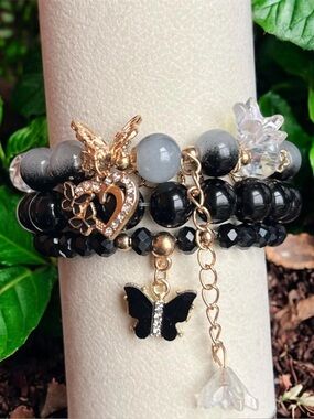 Lily Heart Black Butterfly Charm Beaded 3 Pieces Stretch Bracelet Set